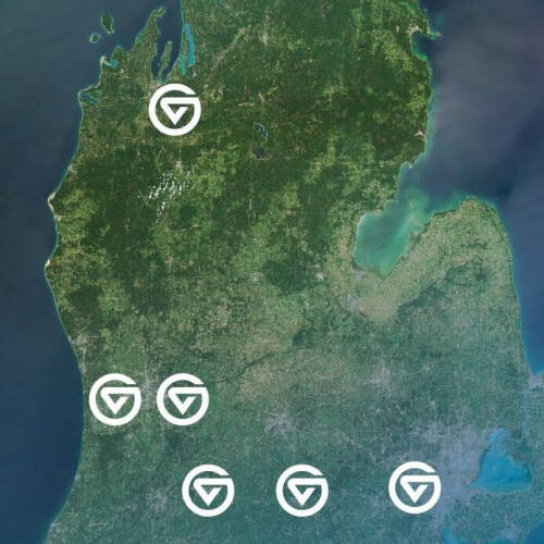 Satellite map of Michigan's lower peninsula with white circle icons marking locations.